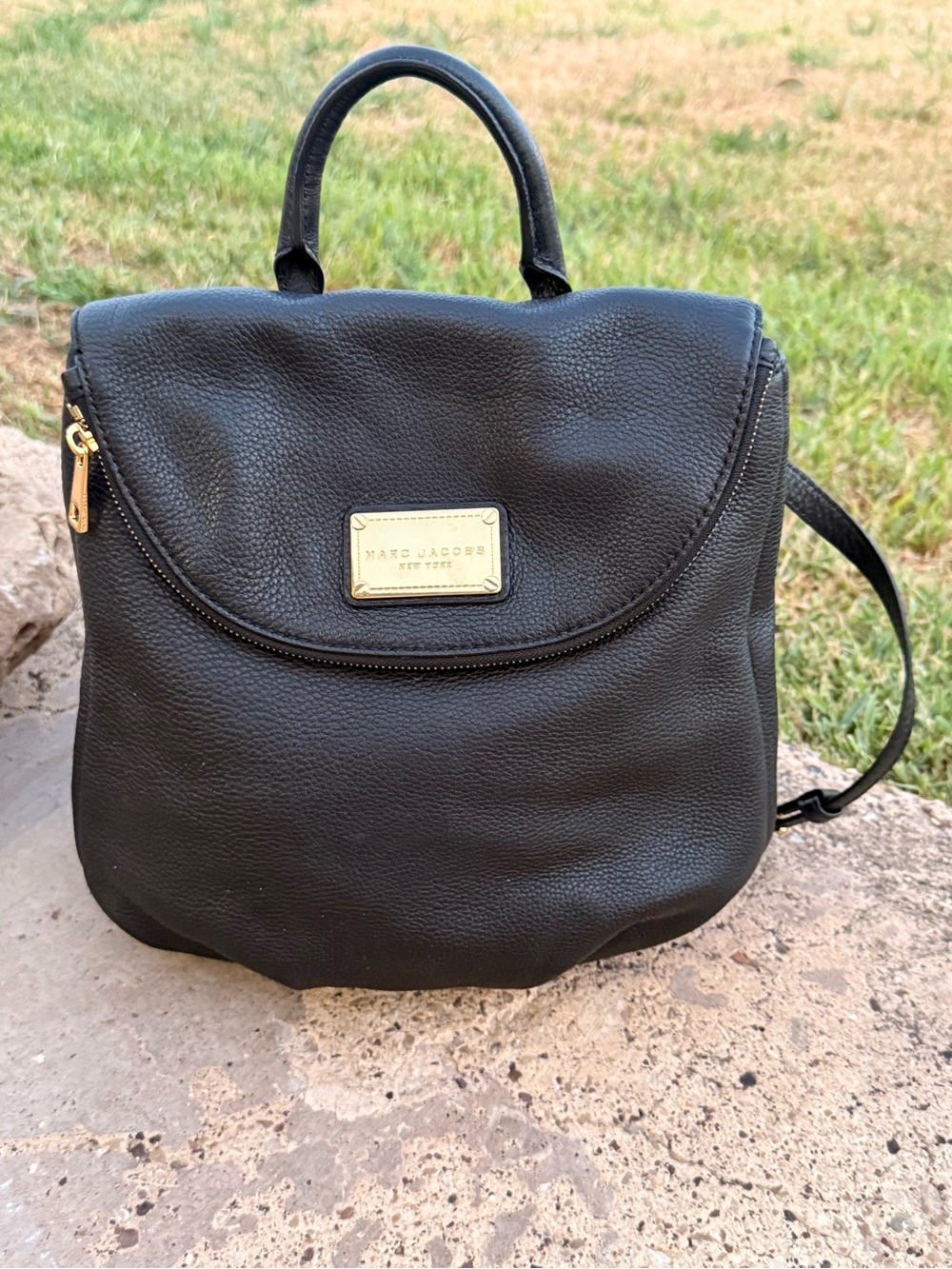 Marc Jacobs Black Pebbled Leather Backpack with Gold Plate